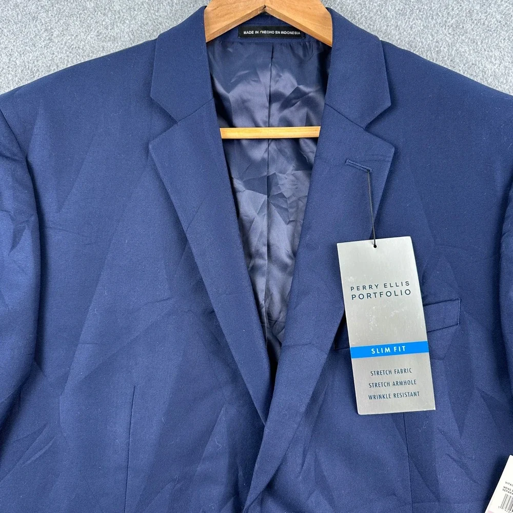 NEW Perry Ellis Suit Jacket Men's 42R Blue Portfolio Slim Fit‎ Stretch MSRP $260